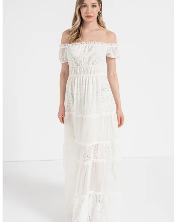 Rochie midi din dantela sangallo cu decolteu pe umeri, Alb