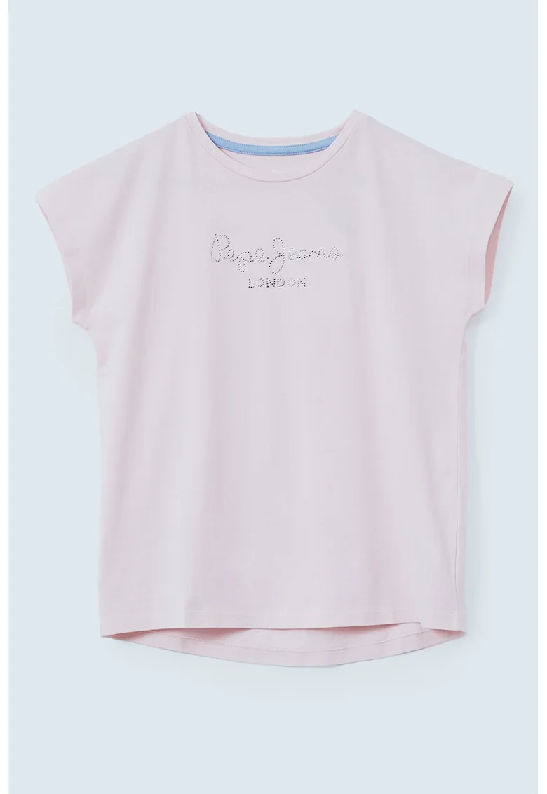 Tricou de bumbac cu logo cu strasuri Nuria, Roz pal/Argintiu