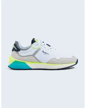 Pantofi sport cu insertii de piele intoarsa Park Air, Alb/Verde neon/Maro nisip