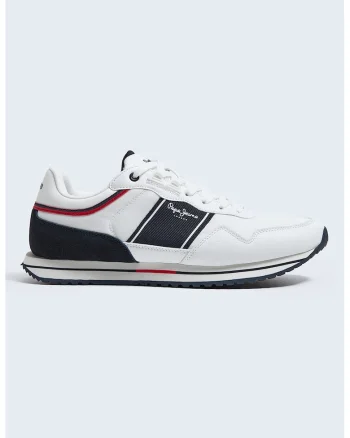 Pantofi sport low-top de piele ecologica si piele intoarsa cu design contrastant, Alb/Bleumarin