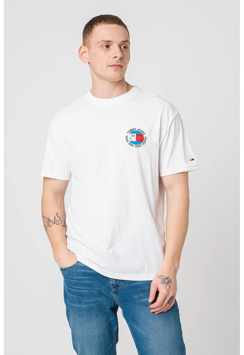 Tricou cu decolteu la baza gatului si imprimeu logo Smiley, Alb