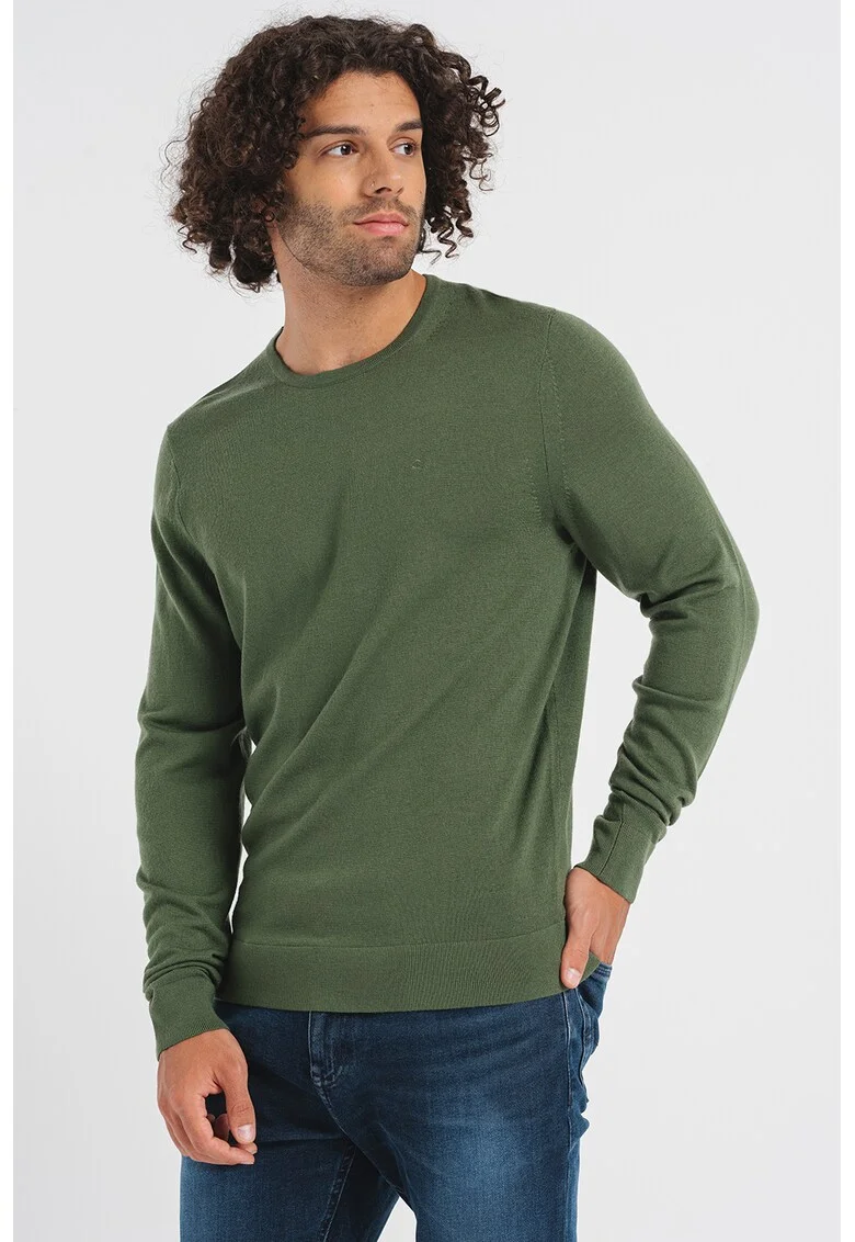 Pulover tricotat fin din lana Merinos, Verde feriga