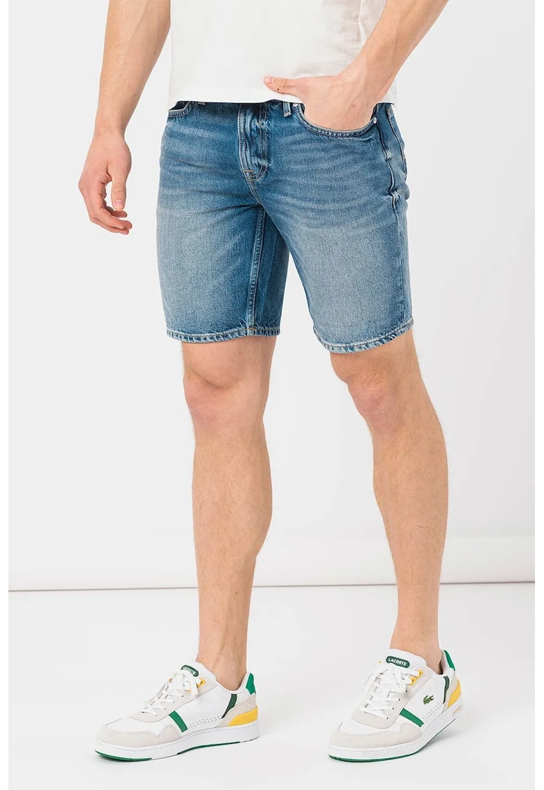 Pantaloni scurti slim fit de denim cu aspect decolorat, Alb murdar/Albastru