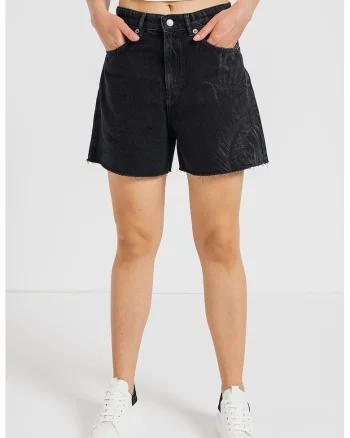 Pantaloni scurti din denim cu terminatii franjurate, Negru/Gri