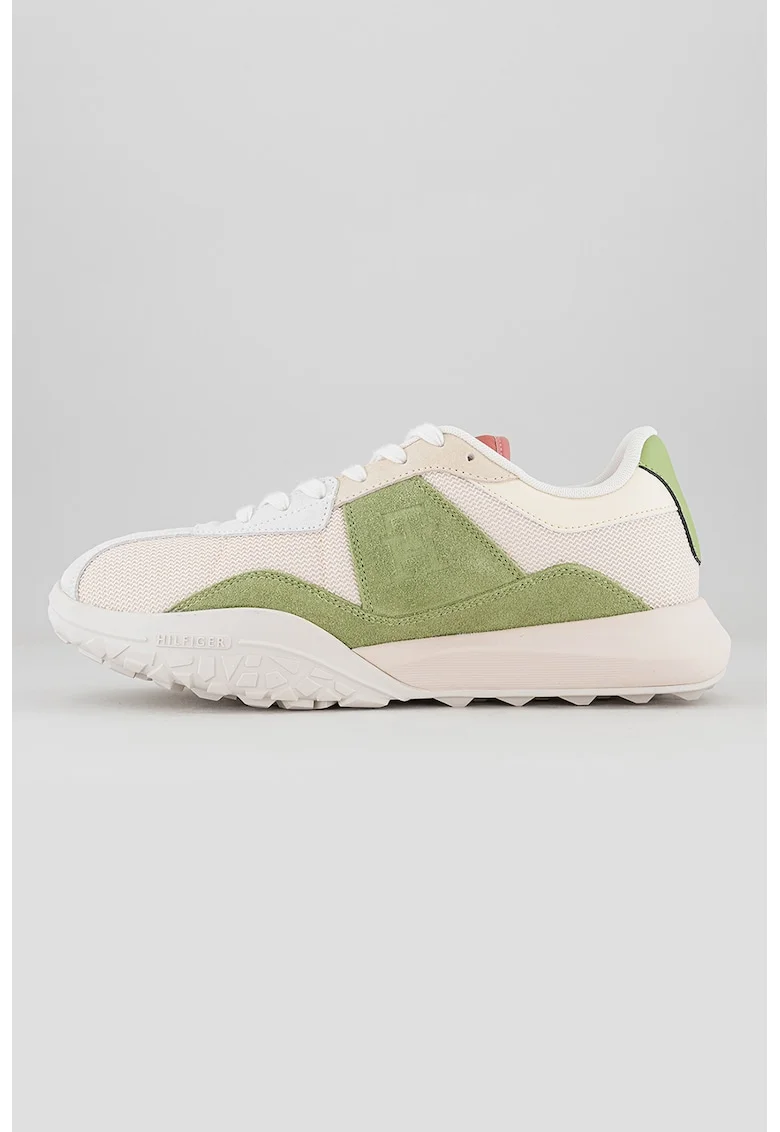Pantofi sport din plasa cu garnituri din piele intoarsa, Alb/Verde pal