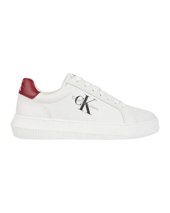 Pantofi sport low-cut de piele cu logo, Alb/Rosu inchis