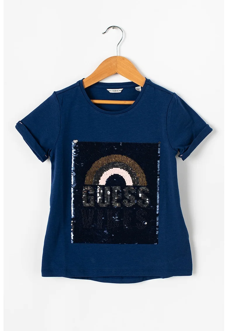 Tricou cu decolteu la baza gatului si paiete reversibile, Bleumarin