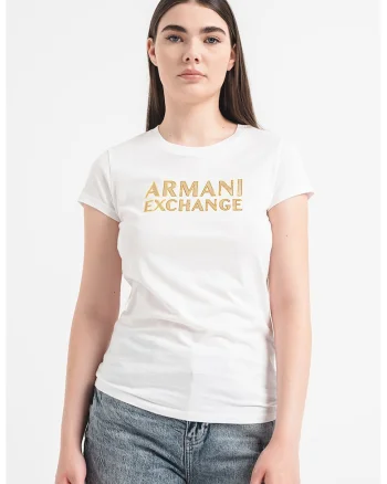 Tricou cu decolteu la baza gatului si detalii stralucitoare, Alb/Auriu