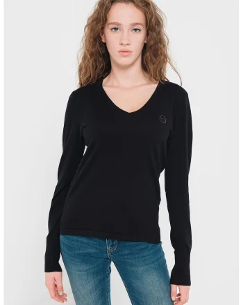 Bluza din amestec de bumbac cu decolteu in V, Negru