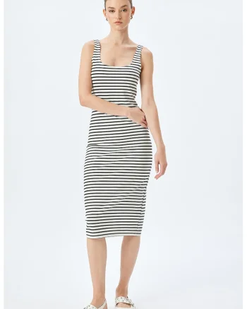 Rochie midi cu dungi, Alb/Negru