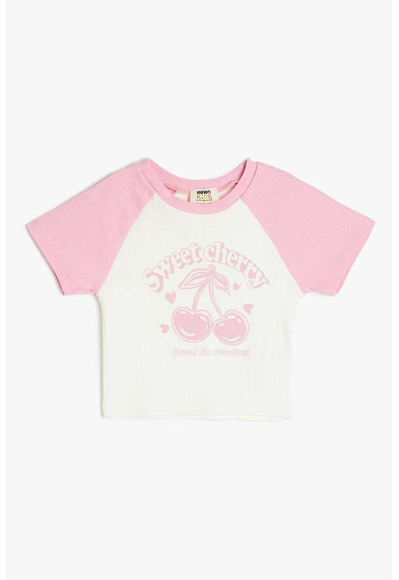 Tricou cu decolteu la baza gatului si imprimeu grafic, Alb/Roz pastel