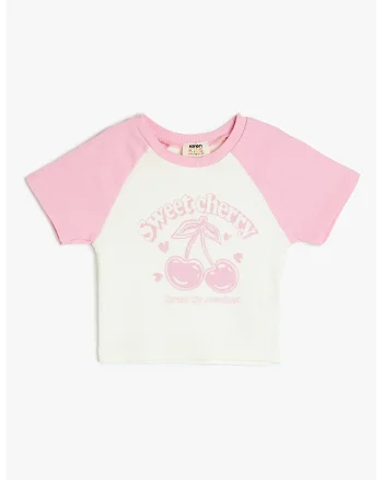 Tricou cu decolteu la baza gatului si imprimeu grafic, Alb/Roz pastel