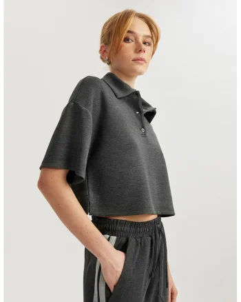 Tricou polo lejer crop, Gri inchis