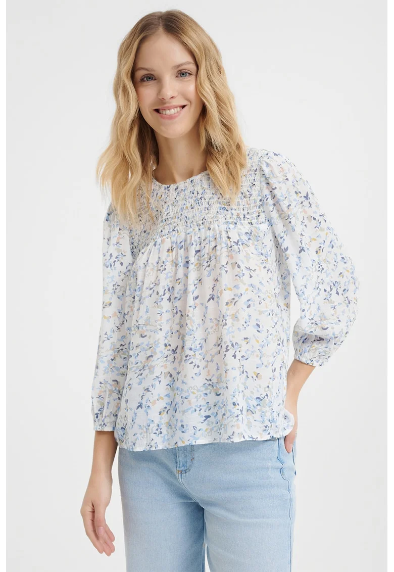 Bluza striata cu model floral, Galben/Alb murdar/Albastru deschis