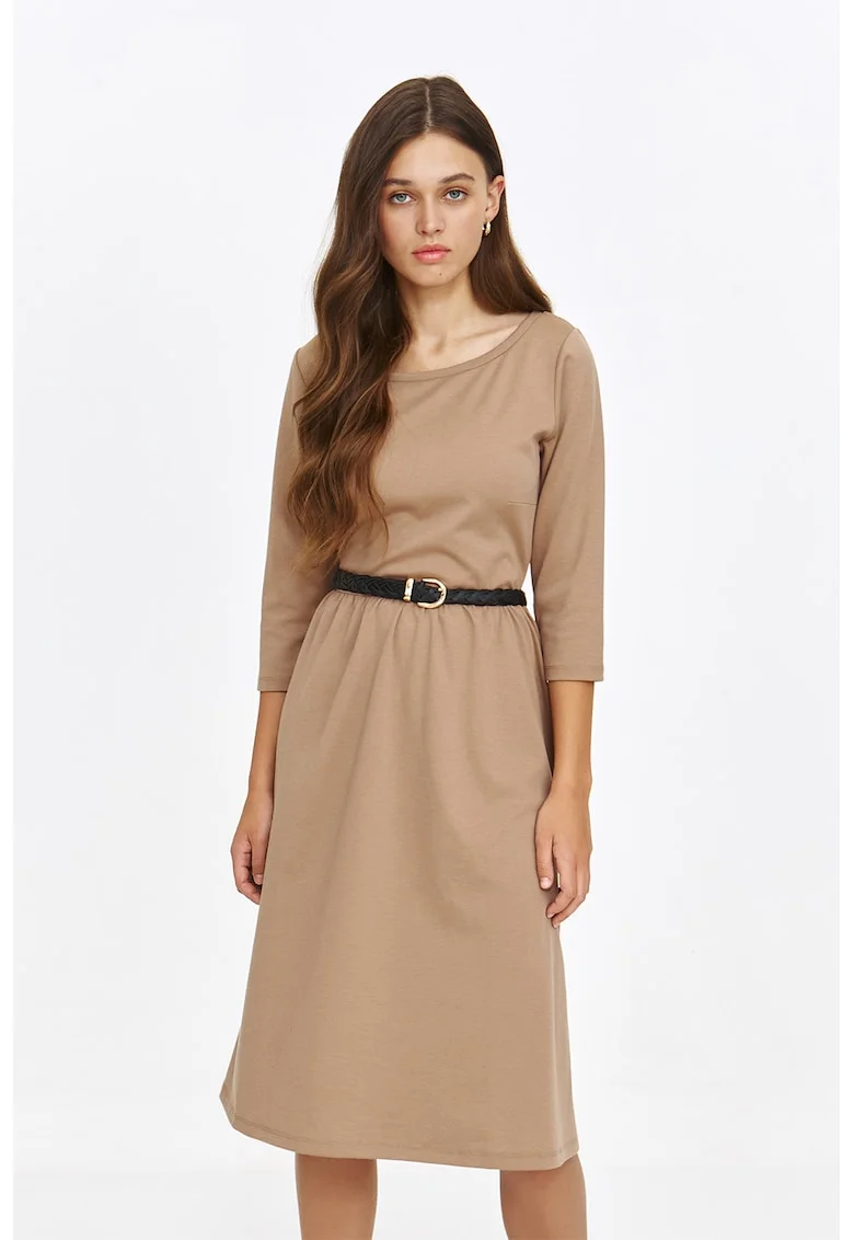 Rochie midi cu o curea impletita in talie, Maro nisip