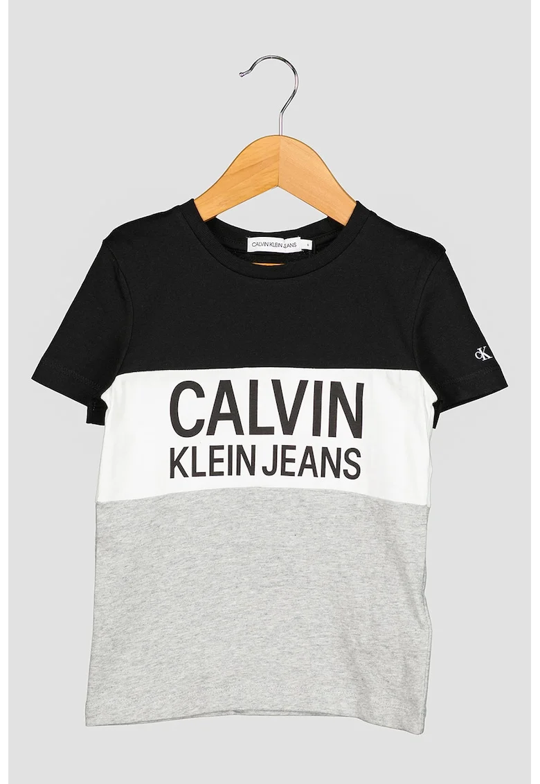 Tricou cu model colorblock si logo supradimensionat, Alb/Negru/Gri melange