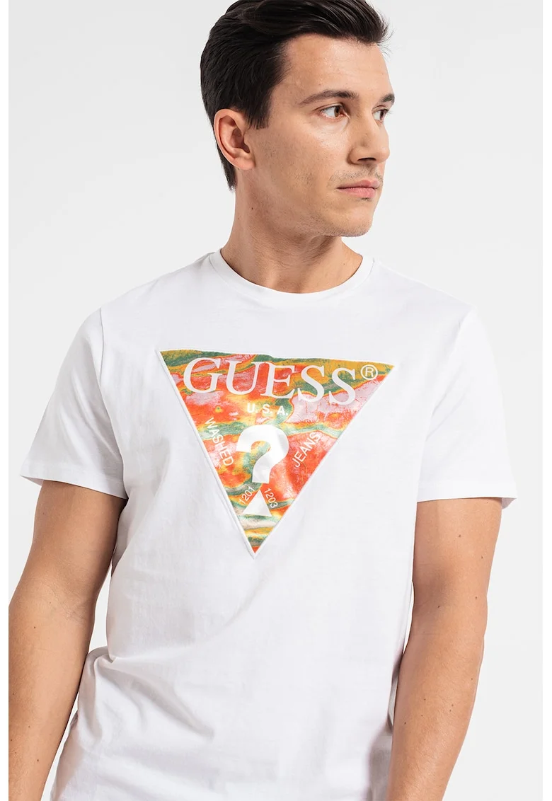 Tricou slim fit de bumbac cu imprimeu logo pe piept, Alb/Portocaliu mandarina