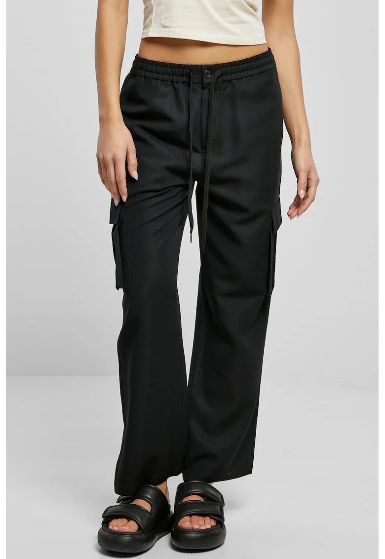 Pantaloni cargo cu croiala ampla si snur de ajustare, Negru