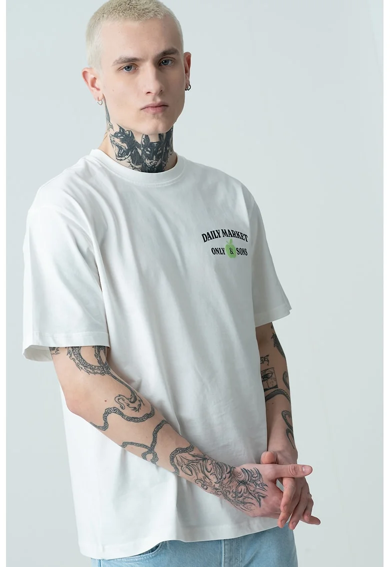 Tricou din bumbac organic cu logo, Alb/Negru/Galben