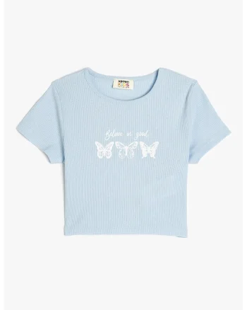 Tricou crop cu imprimeu text, Albastru glaciar