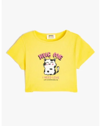 Tricou crop cu imprimeu grafic, Galben