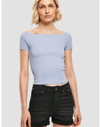 Tricou crop cu decolteu rotund, Albastru pal