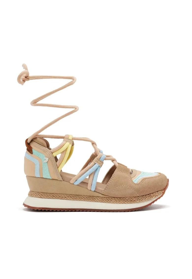 Sandale din piele intoarsa cu talpa demi-wedge si insertii din material textil, Bej