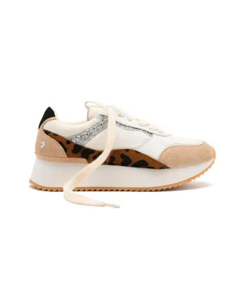 Pantofi sport din piele cu animal print, Maro inchis/Bej
