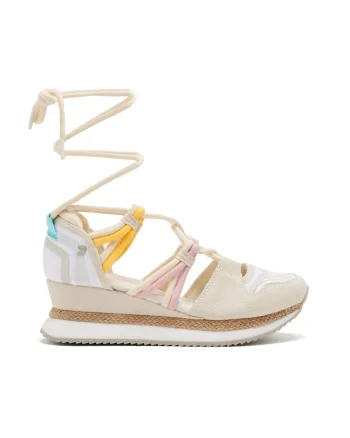 Sandale din piele intoarsa cu talpa demi-wedge si insertii din material textil, Alb