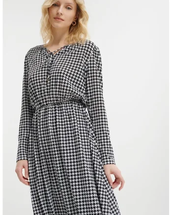 Rochie midi cu model si maneci lungi, Negru/Alb murdar