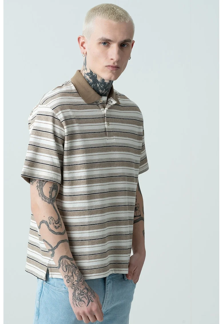 Tricou polo cu model in dungi, Alb/Negru/Maro deschis