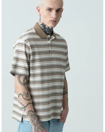 Tricou polo cu model in dungi, Alb/Negru/Maro deschis