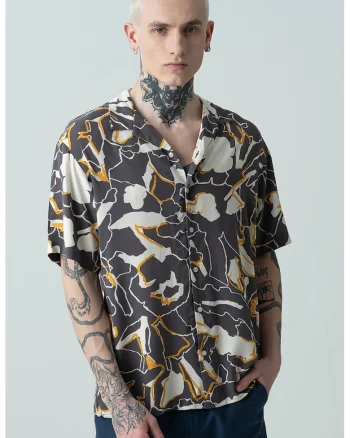 Camasa cu maneci scurte si model abstract Luke, Portocaliu/Alb murdar/Gri inchis