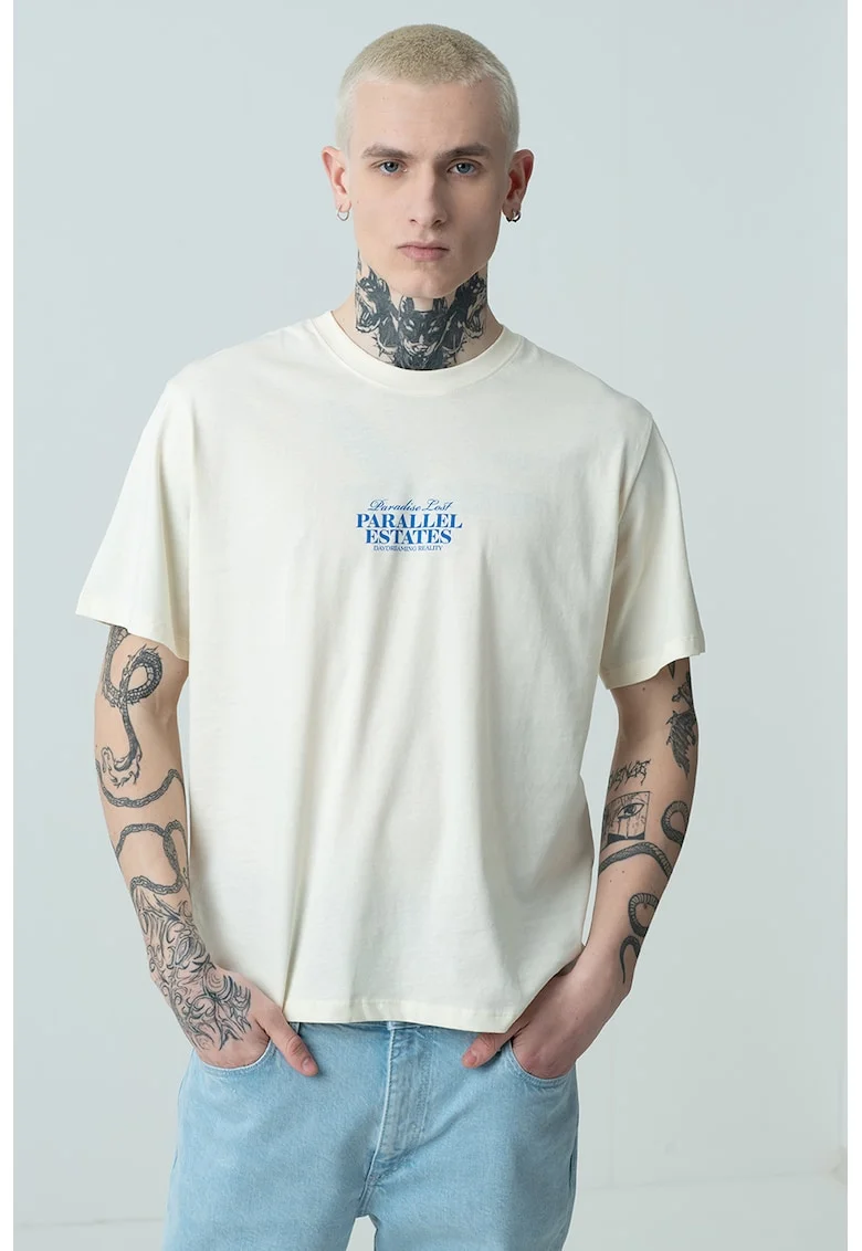 Tricou de bumbac cu decolteu la baza gatului, imprimeu grafic si text, Roz pastel/Albastru/Crem
