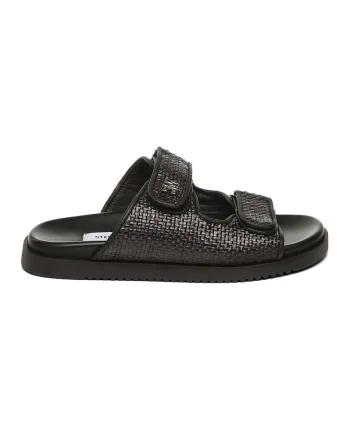 Papuci din piele ecologica cu velcro, Negru stins