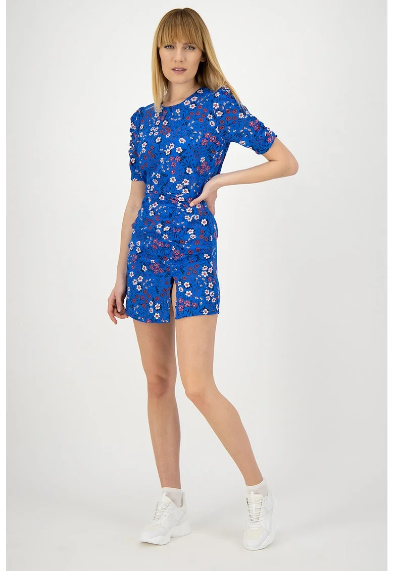 Rochie cu model floral si croiala in A Aitana, Albastru royal/Roz