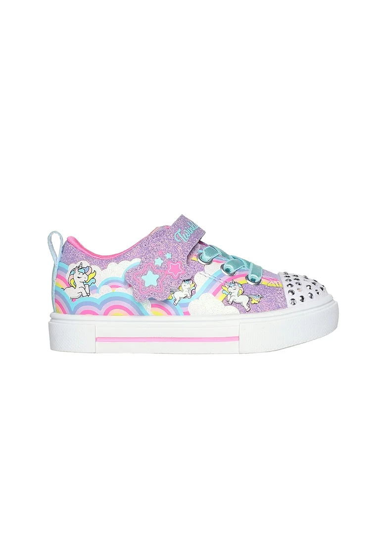 Pantofi sport cu inchidere velcro si lumini LED, Galben/Lila/Argintiu