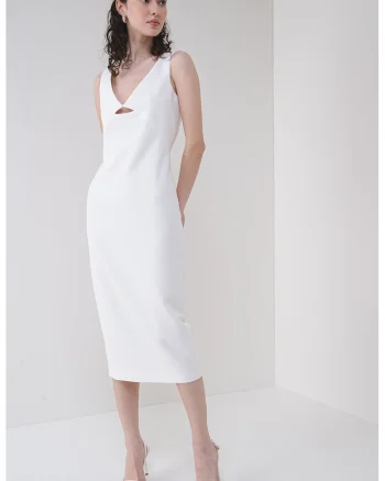 Rochie midi cu decolteu in V, Alb/Alb optic/Alb murdar