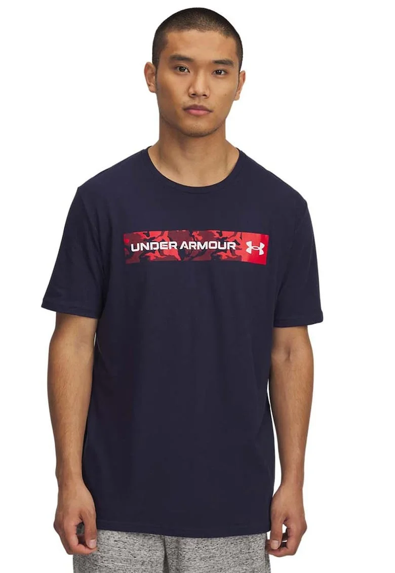 Tricou cu decolteu la baza gatului si imprimeu logo cu camuflaj, Albastru ultramarin