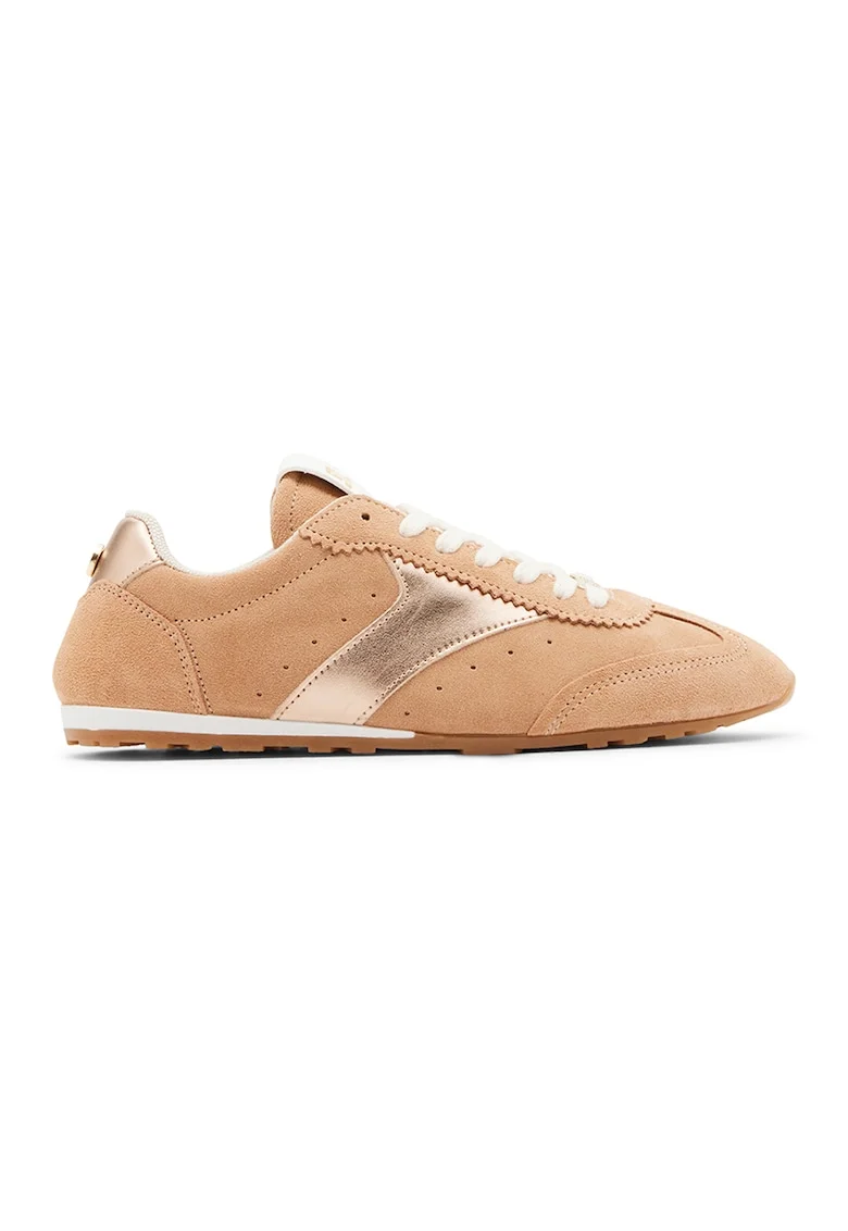 Pantofi sport din piele intoarsa cu sireturi, Alb optic/Bej deschis
