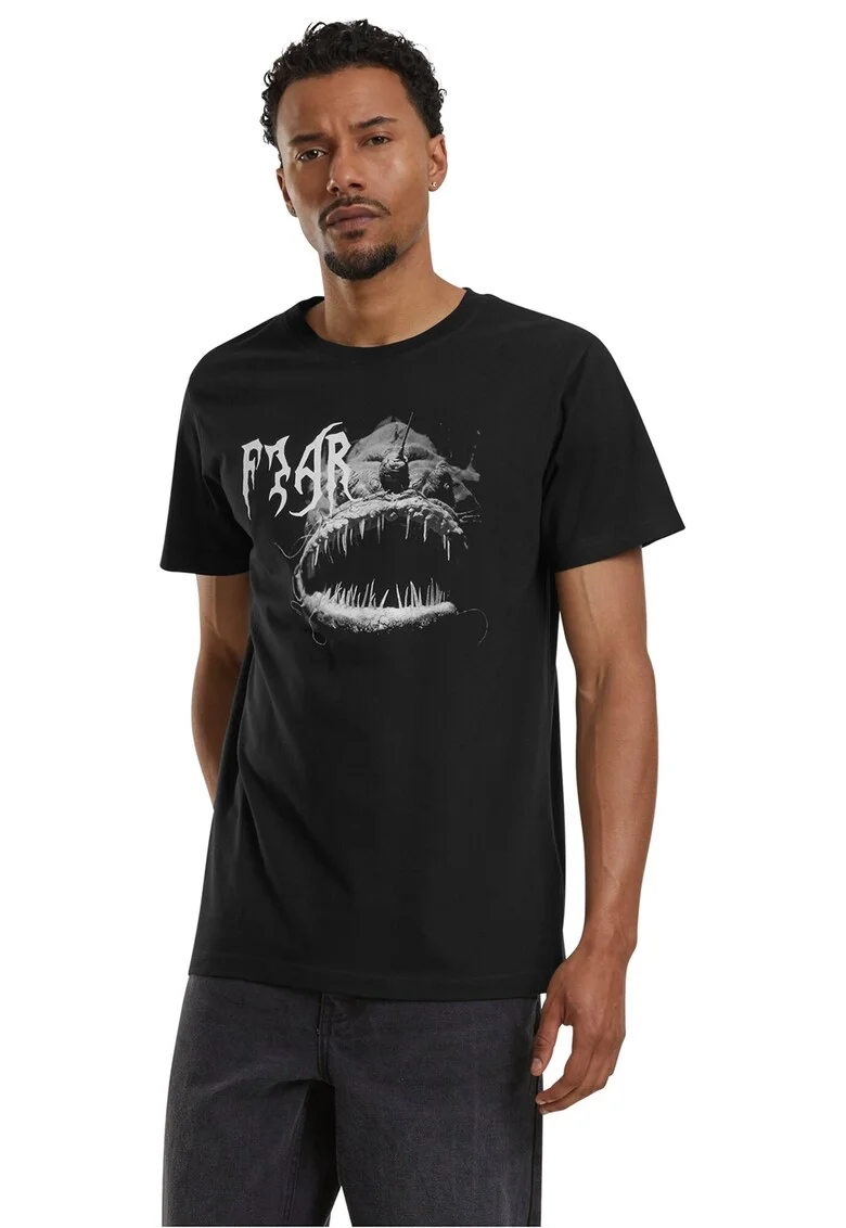 Tricou cu imprimeu si decolteu la baza gatului, Negru/Gri