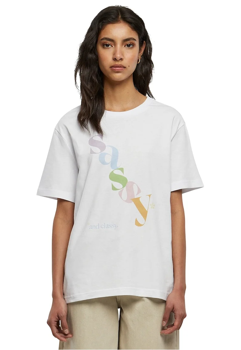 Tricou unisex din bumbac cu imprimeu text, Alb/Verde/Violet