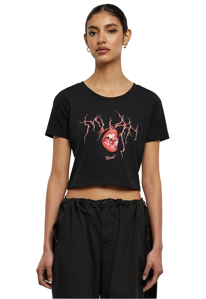 Tricou crop cu imprimeu grafic, Negru/Caramiziu