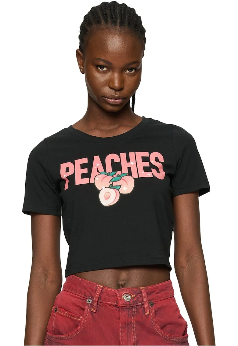 Tricou crop cu imprimeu cu fructe, Negru/Roz somon