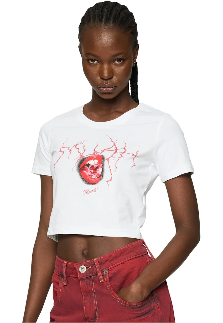 Tricou crop cu imprimeu grafic, Alb/Caramiziu