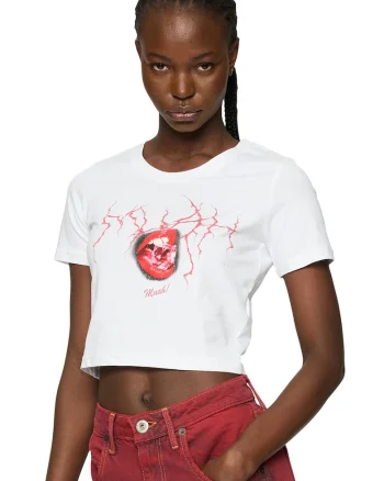 Tricou crop cu imprimeu grafic, Alb/Caramiziu