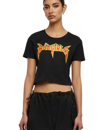 Tricou crop cu imprimeu text, Rosu/Negru/Galben