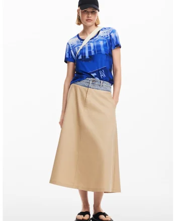 Tricou cu decolteu rotund si imprimeu, Alb/Albastru royal