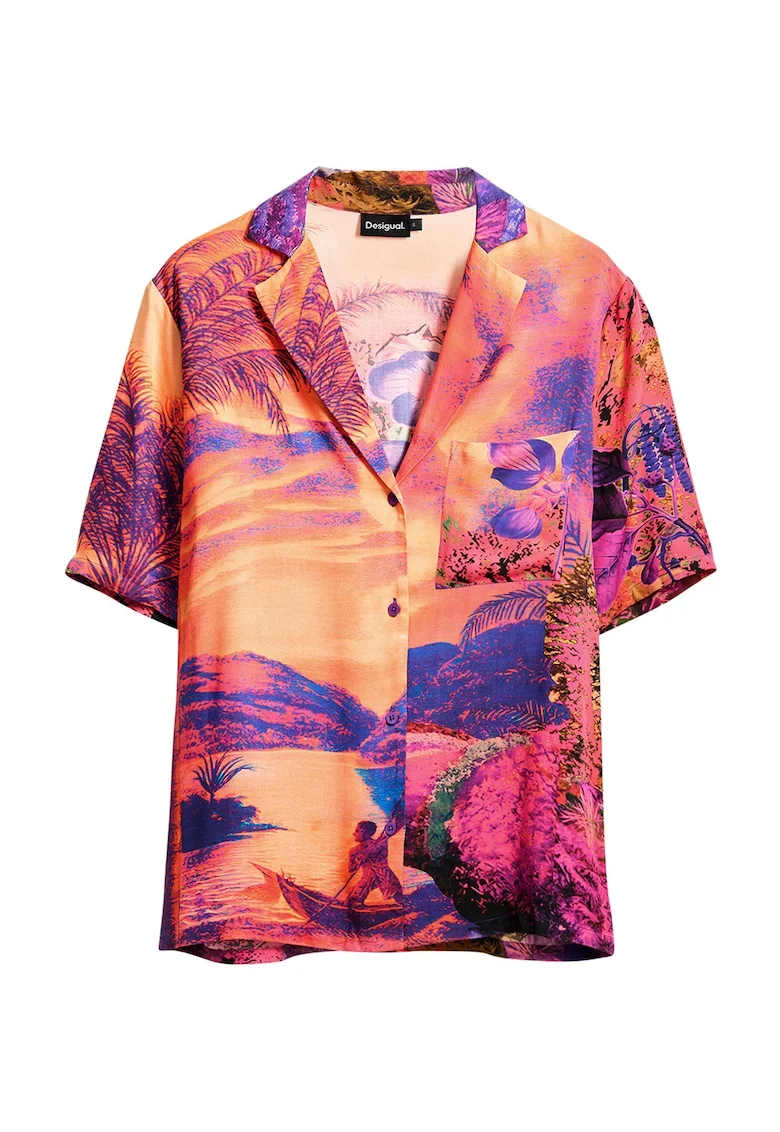Camasa cu imprimeu si buzunar pe piept, Fucsia/Violet/Portocaliu mandarina