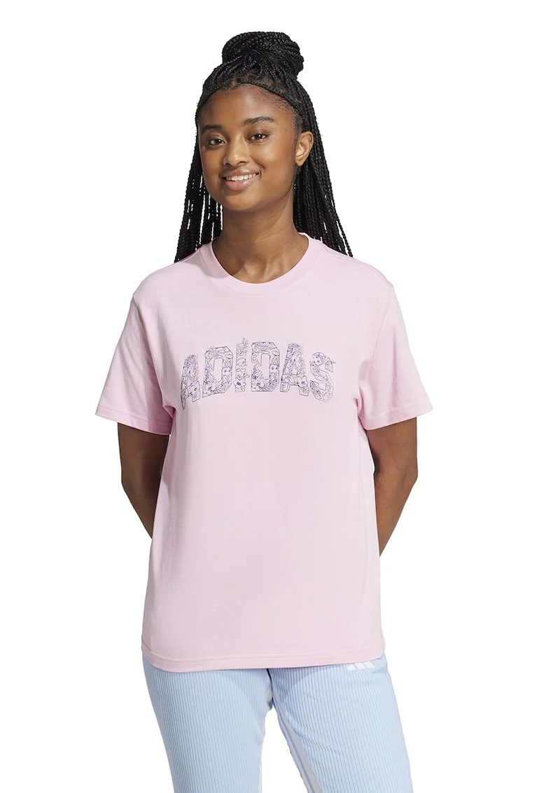 Tricou cu decolteu la baza gatului si imprimeu logo, Roz deschis